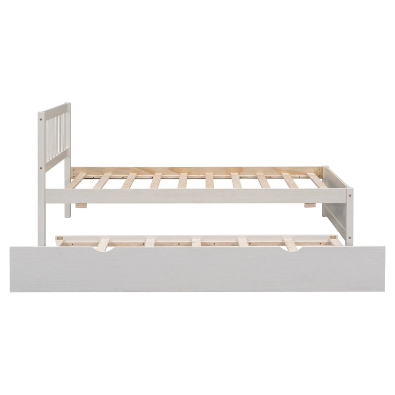 White Washed Solid Wood Twin Bed Frame with Pull-Out Trundle and Fence Headboard