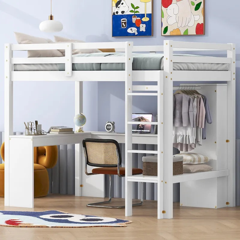 White Solid Wood Twin Loft Bed with L-Shaped Desk and Wardrobe Storage