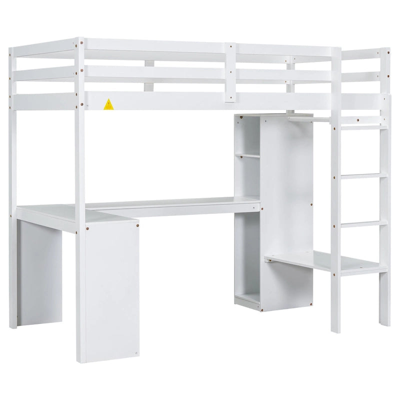 White Solid Wood Twin Loft Bed with L-Shaped Desk and Wardrobe Storage