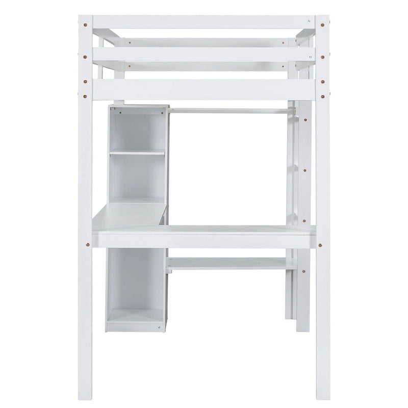 White Solid Wood Twin Loft Bed with L-Shaped Desk and Wardrobe Storage