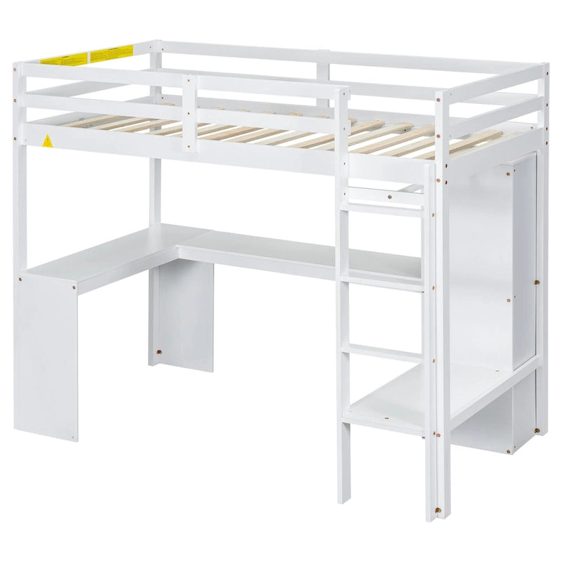 White Solid Wood Twin Loft Bed with L-Shaped Desk and Wardrobe Storage