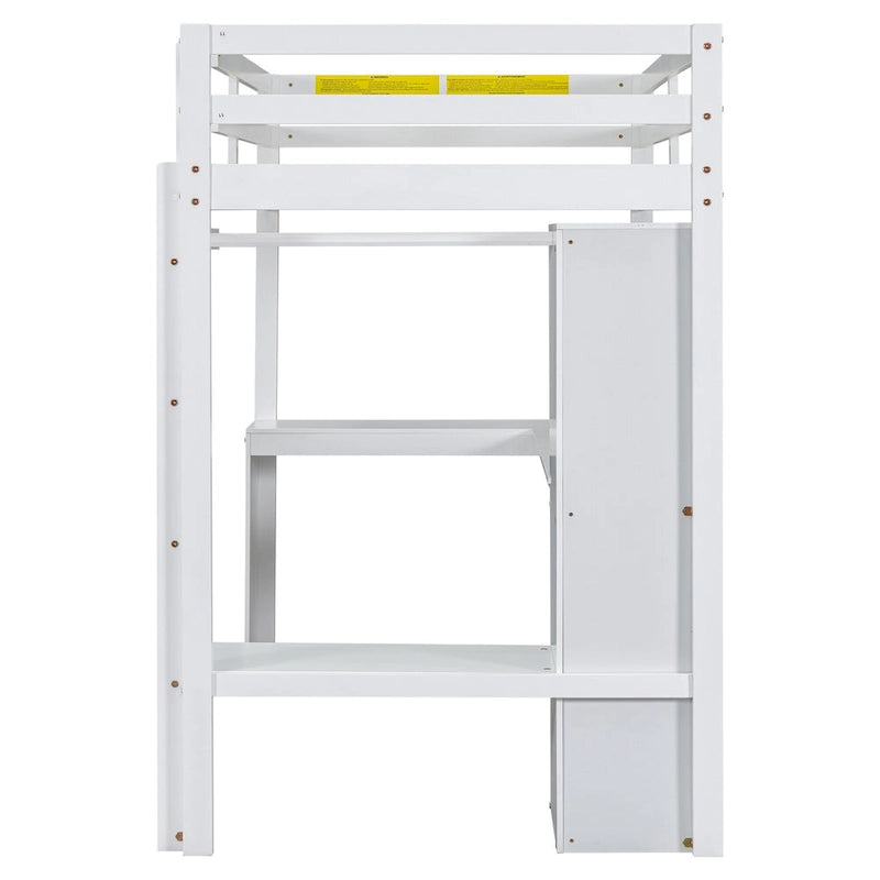 White Solid Wood Twin Loft Bed with L-Shaped Desk and Wardrobe Storage