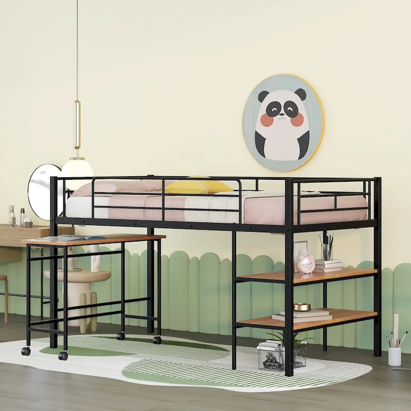 Black Metal Loft Bed Frame with Built-In Shelves Ladder for Kids Teens