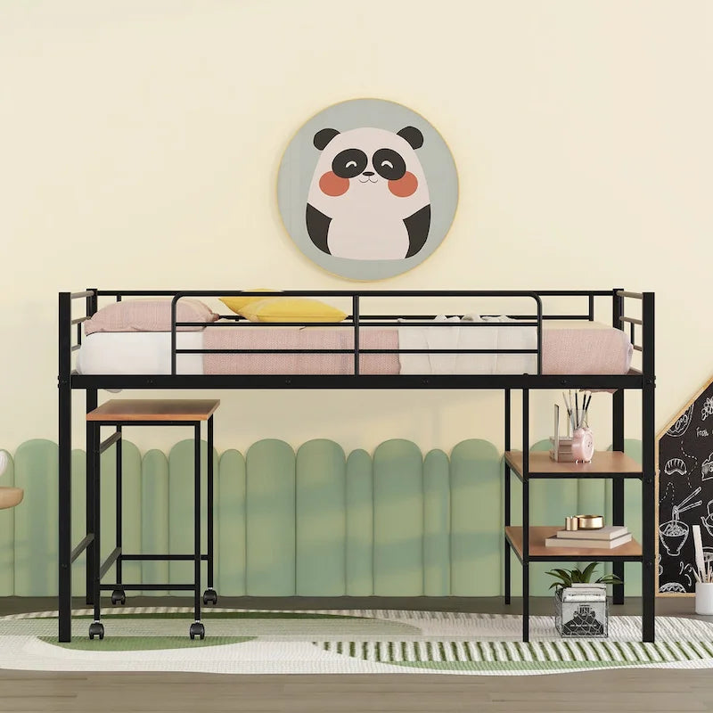 Black Metal Loft Bed Frame with Built-In Shelves Ladder for Kids Teens