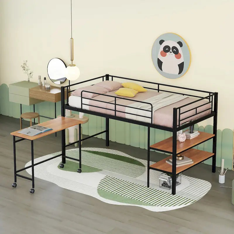 Black Metal Loft Bed Frame with Built-In Shelves Ladder for Kids Teens