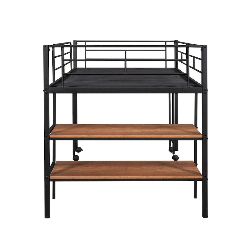 Black Metal Loft Bed Frame with Built-In Shelves Ladder for Kids Teens