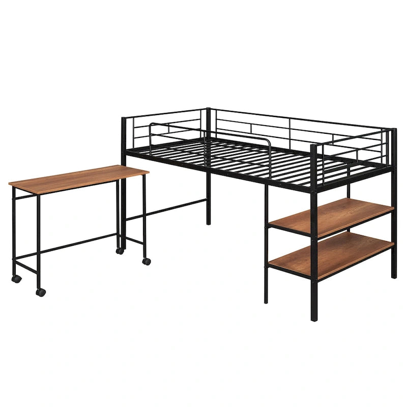 Black Metal Loft Bed Frame with Built-In Shelves Ladder for Kids Teens