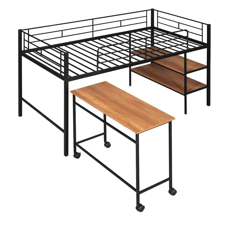 Black Metal Loft Bed Frame with Built-In Shelves Ladder for Kids Teens