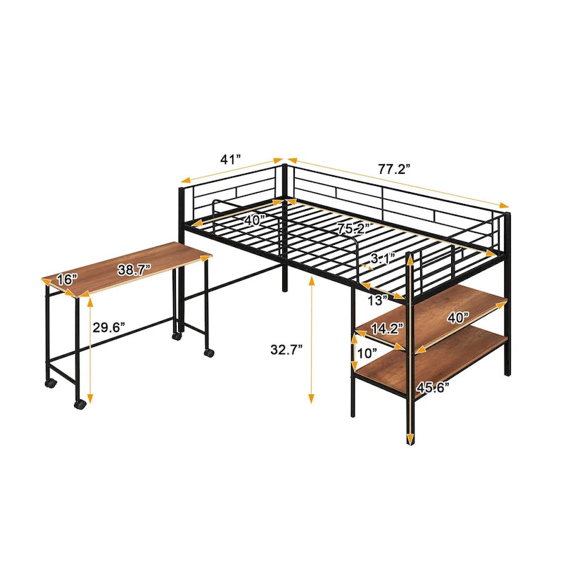 Black Metal Loft Bed Frame with Built-In Shelves Ladder for Kids Teens