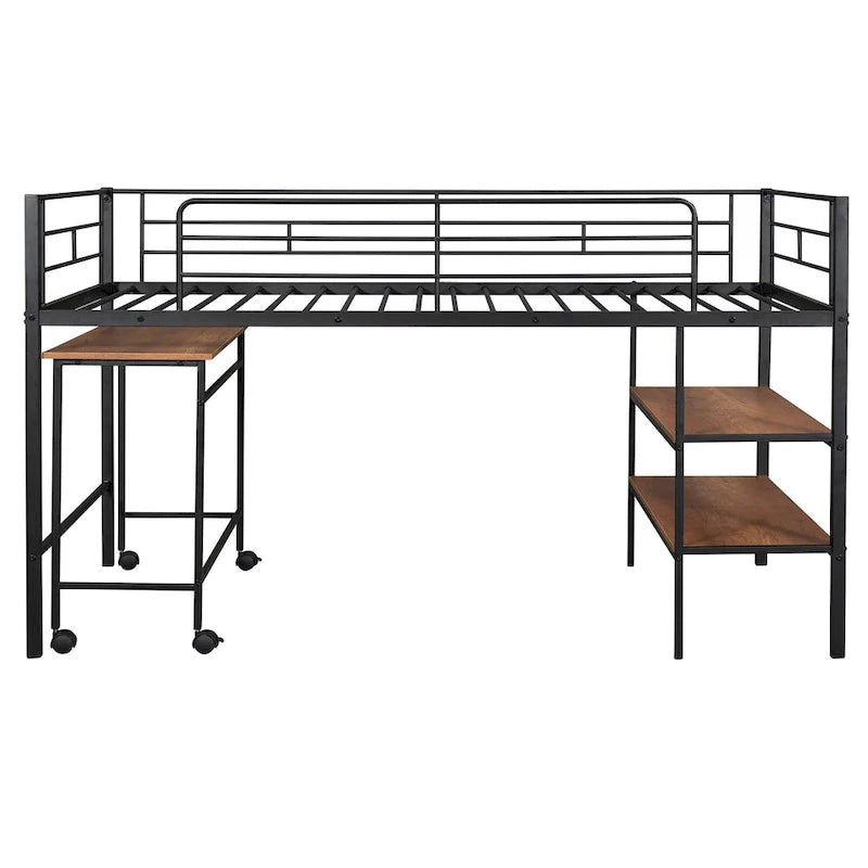 Black Metal Loft Bed Frame with Built-In Shelves Ladder for Kids Teens