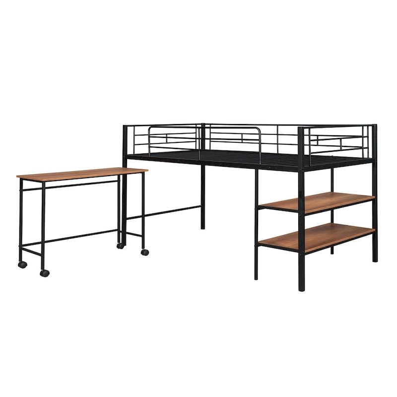 Black Metal Loft Bed Frame with Built-In Shelves Ladder for Kids Teens
