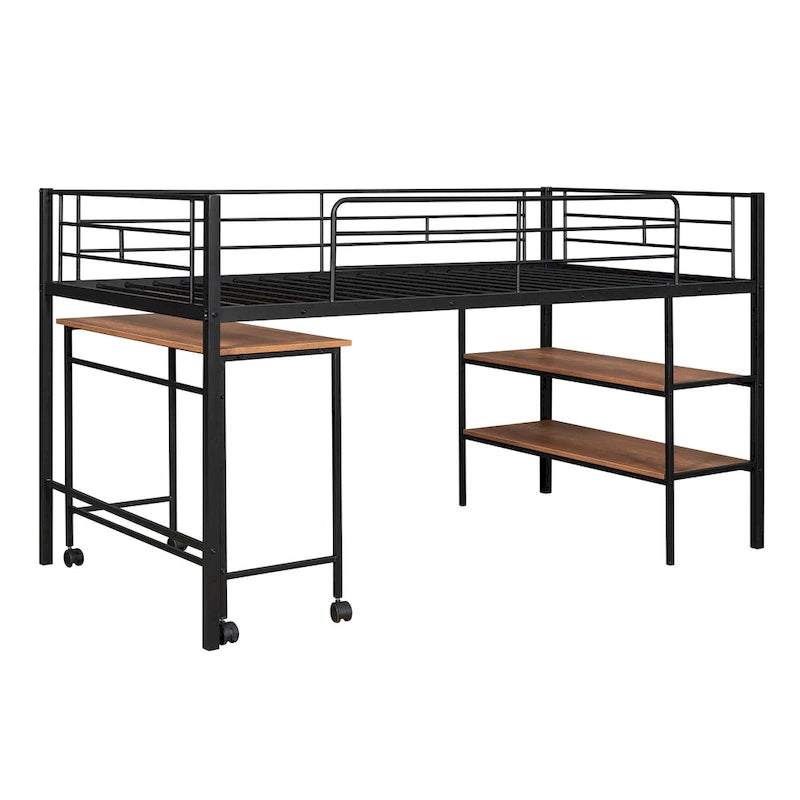 Black Metal Loft Bed Frame with Built-In Shelves Ladder for Kids Teens