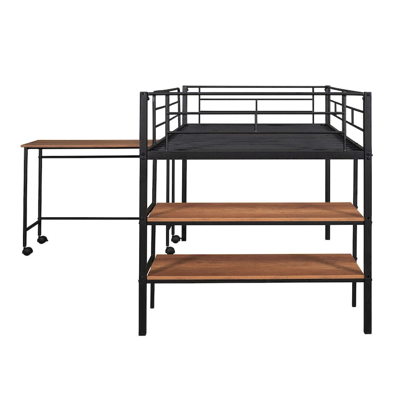Black Metal Loft Bed Frame with Built-In Shelves Ladder for Kids Teens