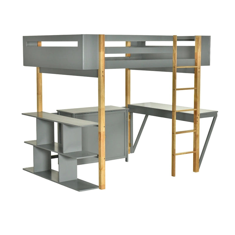 Gray Solid Wood Loft Bed with Built-In Storage Cabinet and Foldable Desk