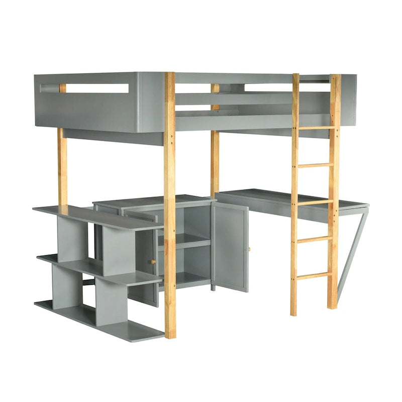 Gray Solid Wood Loft Bed with Built-In Storage Cabinet and Foldable Desk
