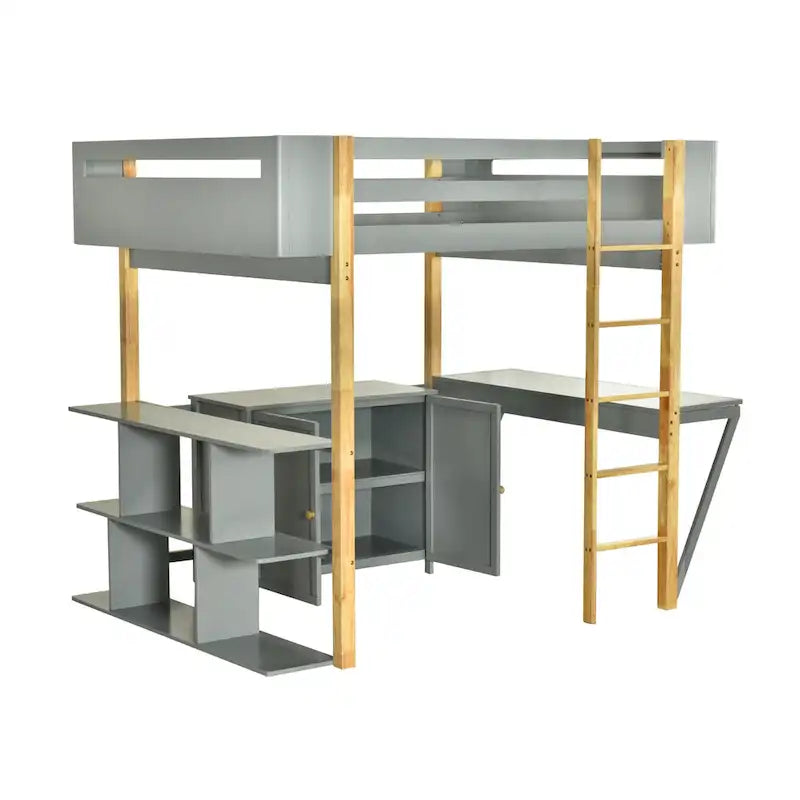 Gray Solid Wood Loft Bed with Built-In Storage Cabinet and Foldable Desk