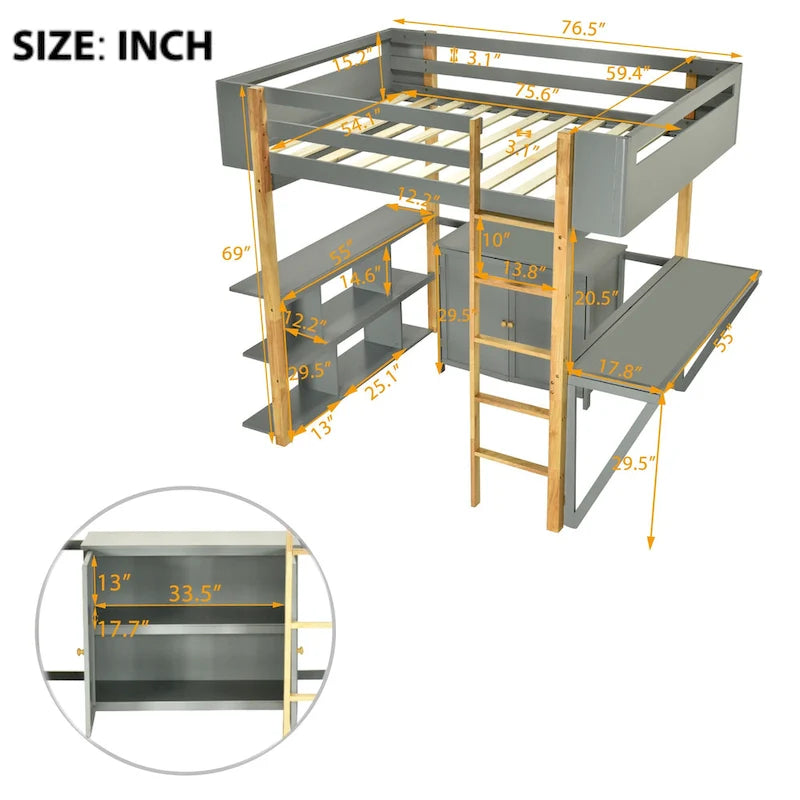 Gray Solid Wood Loft Bed with Built-In Storage Cabinet and Foldable Desk
