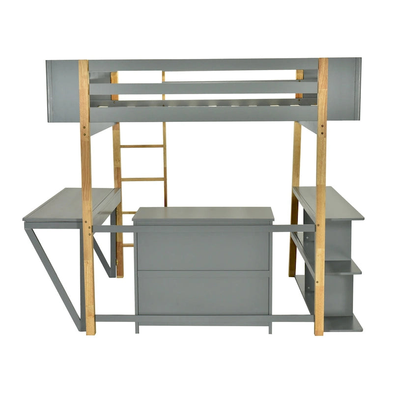 Gray Solid Wood Loft Bed with Built-In Storage Cabinet and Foldable Desk