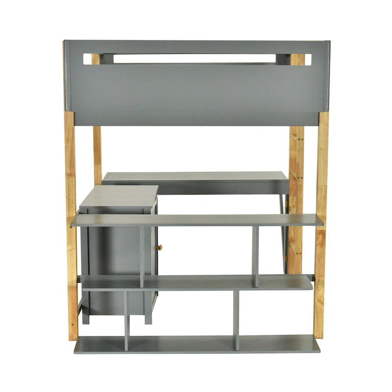 Gray Solid Wood Loft Bed with Built-In Storage Cabinet and Foldable Desk