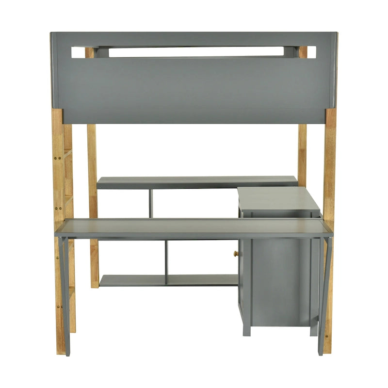Gray Solid Wood Loft Bed with Built-In Storage Cabinet and Foldable Desk