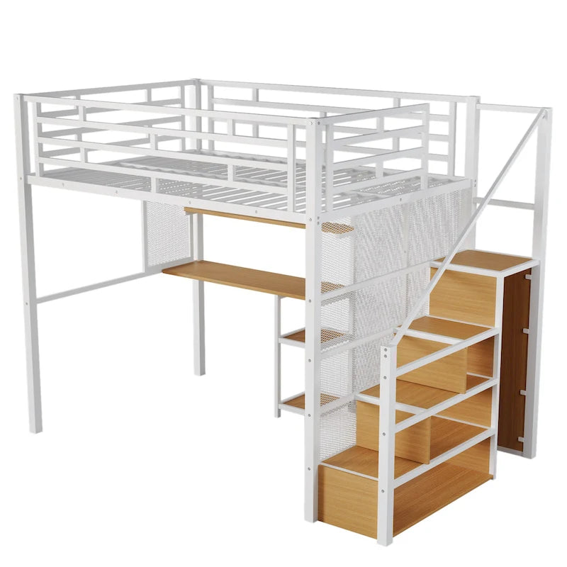White Full Size Metal Loft Bed with Desk and Storage Shelves