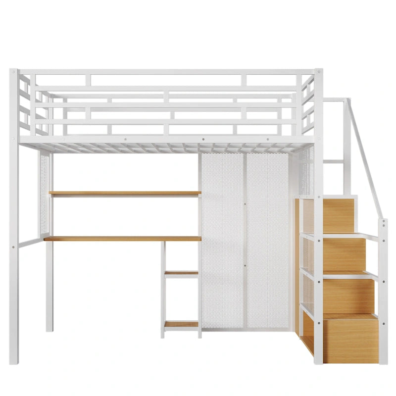 White Full Size Metal Loft Bed with Desk and Storage Shelves