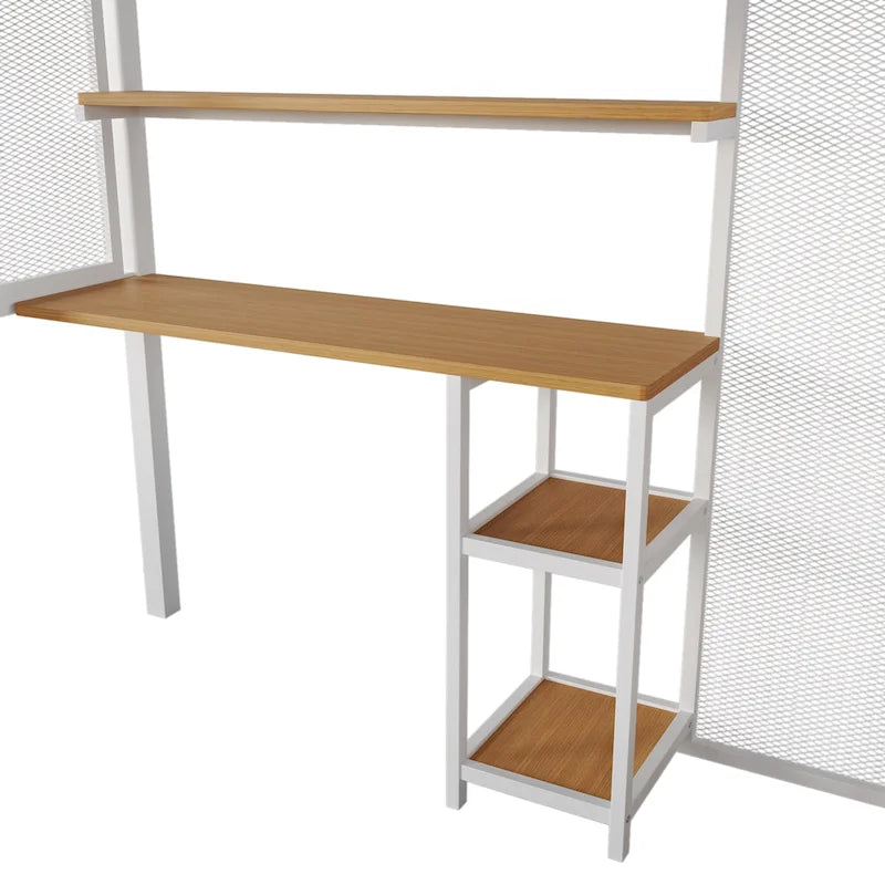 White Full Size Metal Loft Bed with Desk and Storage Shelves