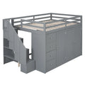 Gray Full Size Wood Loft Bed with Built-in Wardrobes and Cabinets