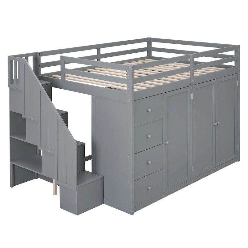 Gray Full Size Wood Loft Bed with Built-in Wardrobes and Cabinets