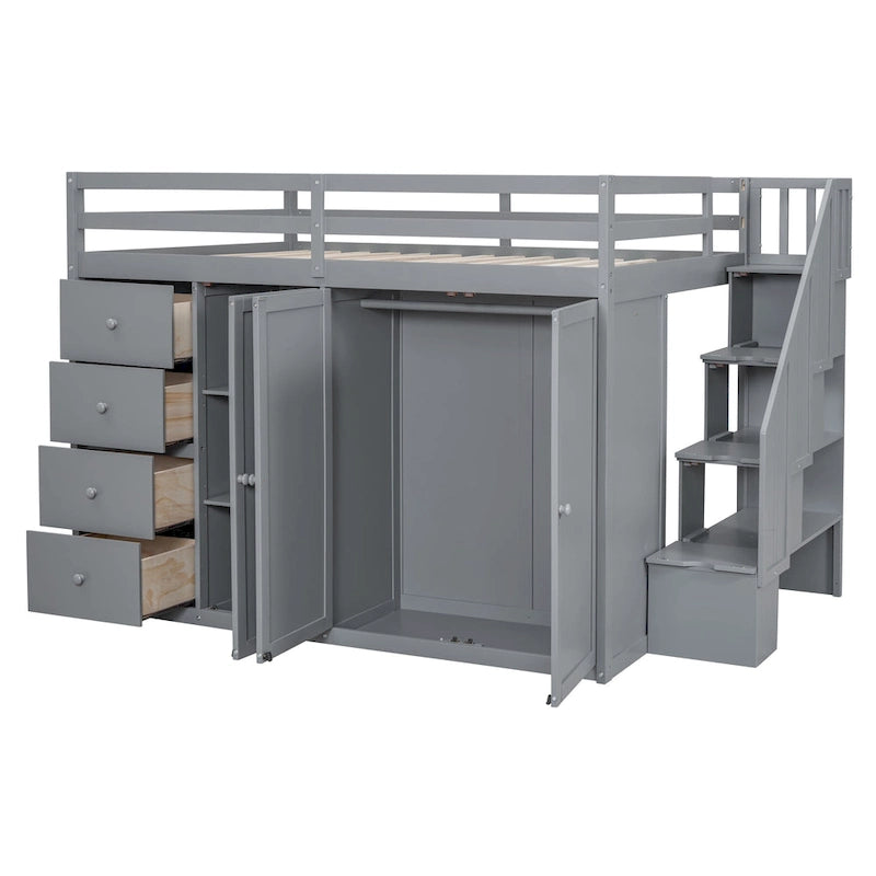 Gray Full Size Pinewood Loft Bed with Wardrobe Staircase Storage Drawers