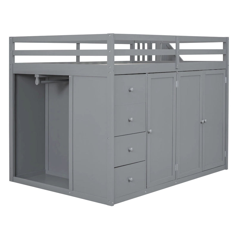 Gray Full Size Pinewood Loft Bed with Wardrobe Staircase Storage Drawers