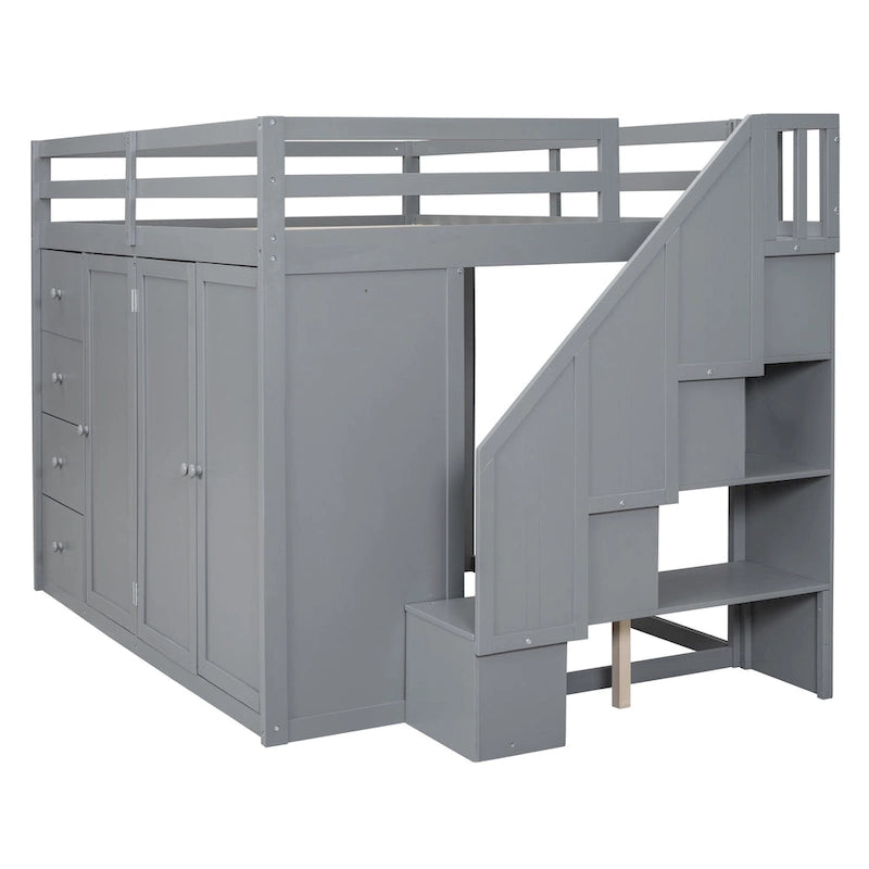 Gray Full Size Pinewood Loft Bed with Wardrobe Staircase Storage Drawers