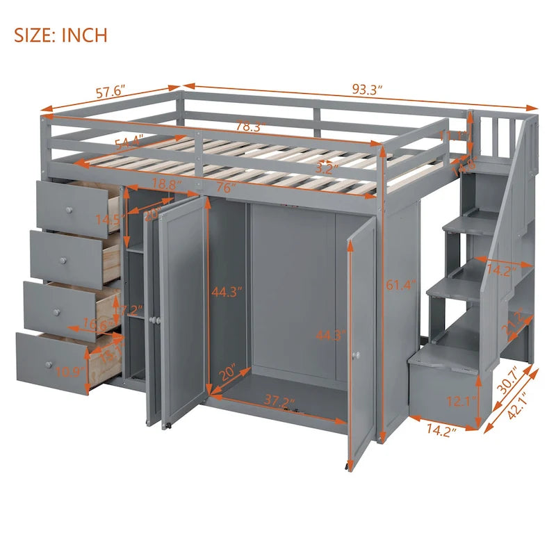 Gray Full Size Pinewood Loft Bed with Wardrobe Staircase Storage Drawers