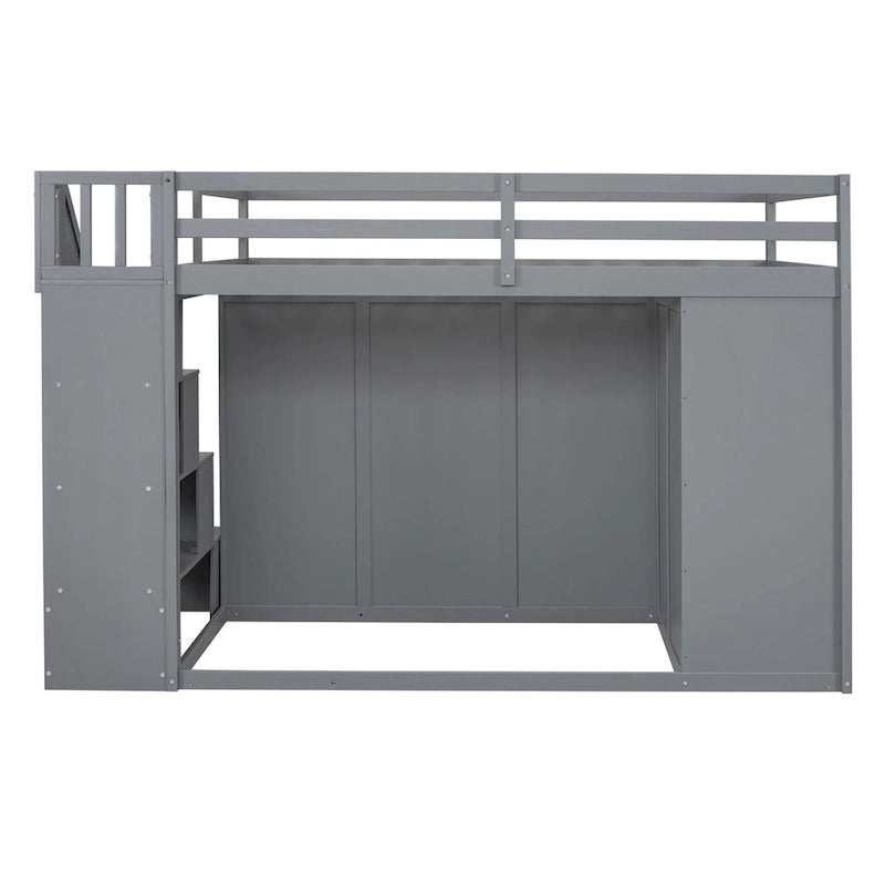 Gray Full Size Pinewood Loft Bed with Wardrobe Staircase Storage Drawers