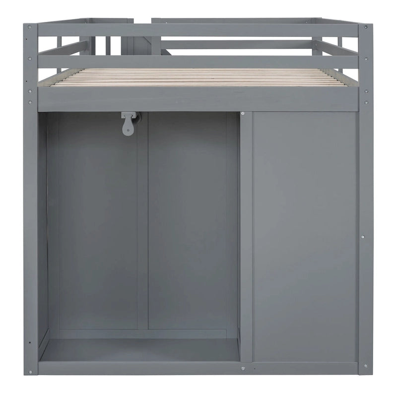 Gray Full Size Pinewood Loft Bed with Wardrobe Staircase Storage Drawers