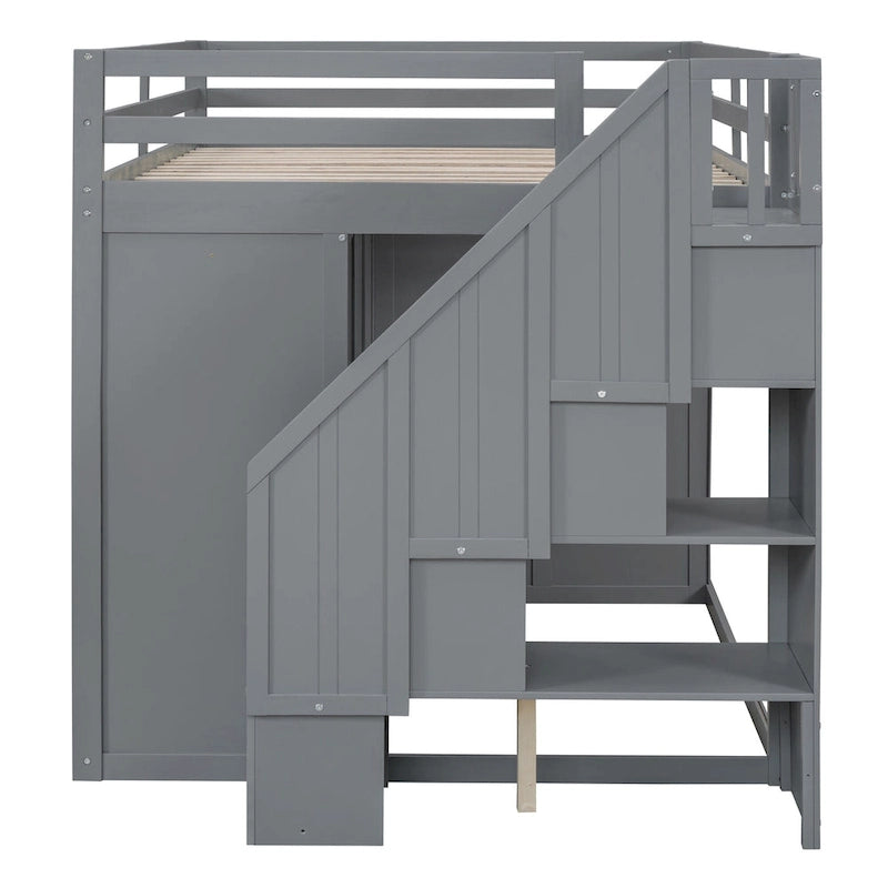 Gray Full Size Pinewood Loft Bed with Wardrobe Staircase Storage Drawers