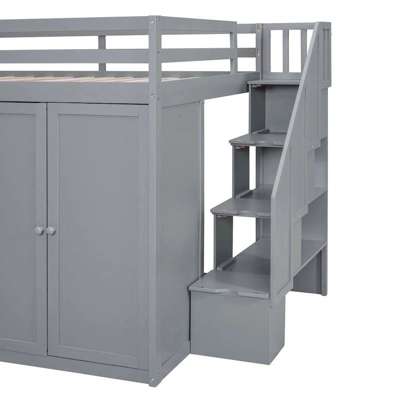 Gray Full Size Pinewood Loft Bed with Wardrobe Staircase Storage Drawers