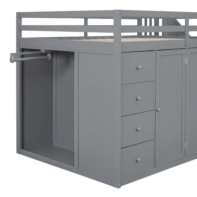 Gray Full Size Pinewood Loft Bed with Wardrobe Staircase Storage Drawers