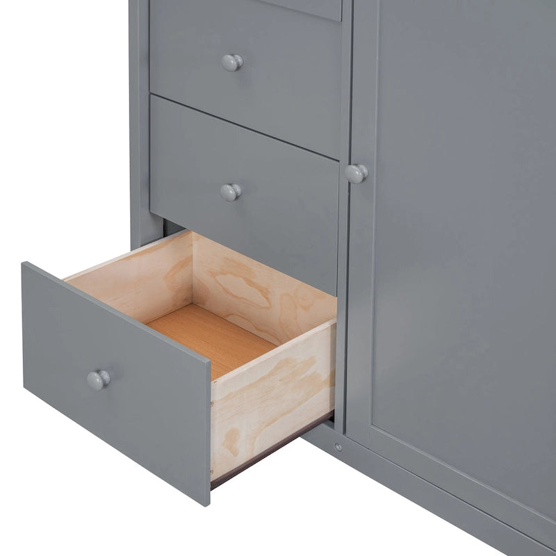 Gray Full Size Pinewood Loft Bed with Wardrobe Staircase Storage Drawers