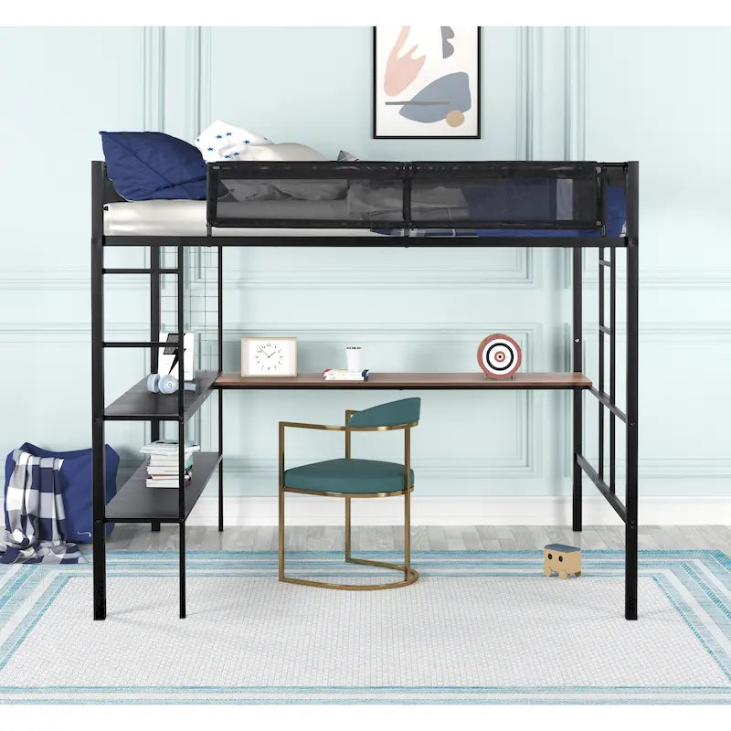 Full Size Metal Loft Bed Desk Shelves Wood Slats Textilene Guardrail Black
