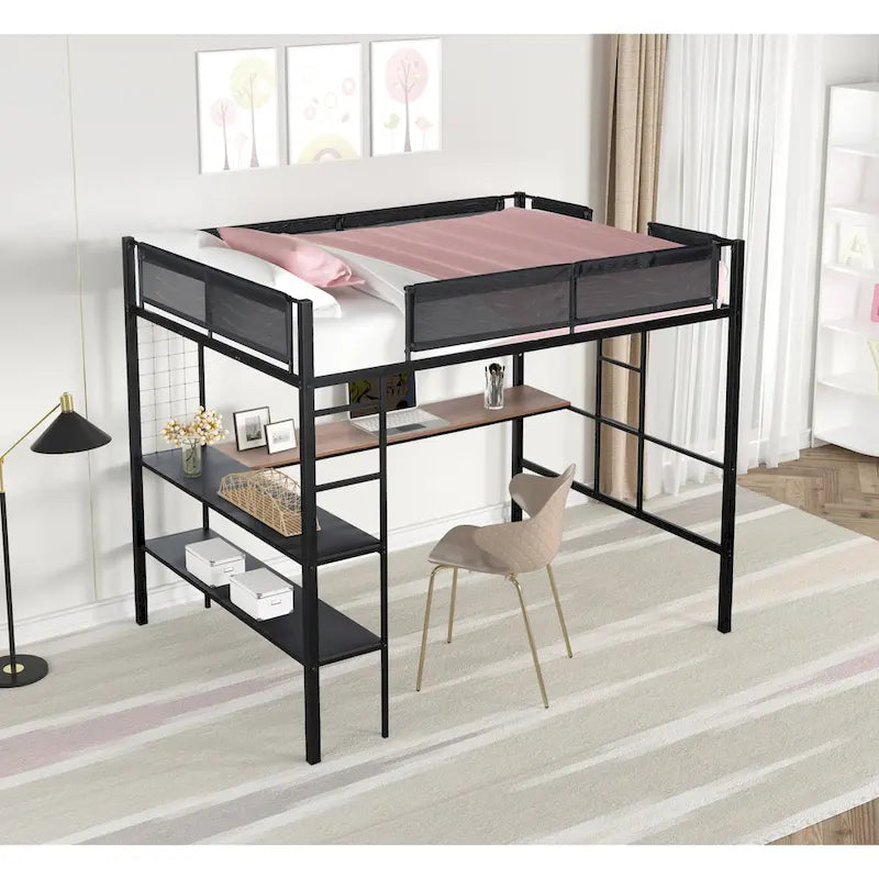 Full Size Metal Loft Bed Desk Shelves Wood Slats Textilene Guardrail Black