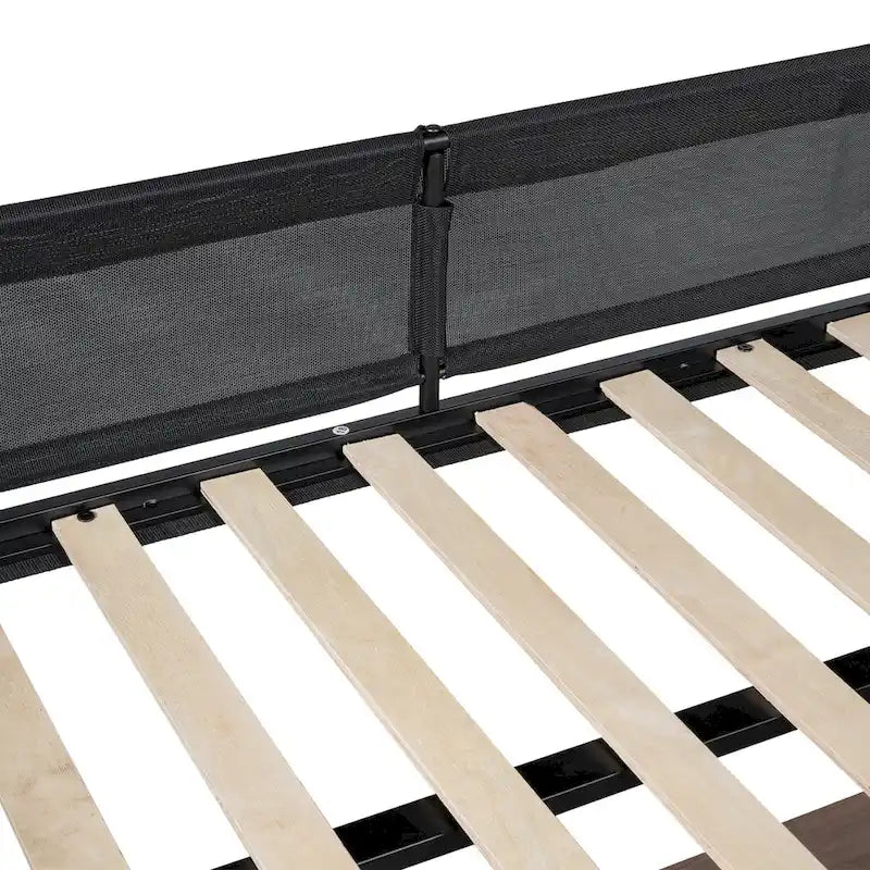 Full Size Metal Loft Bed Desk Shelves Wood Slats Textilene Guardrail Black