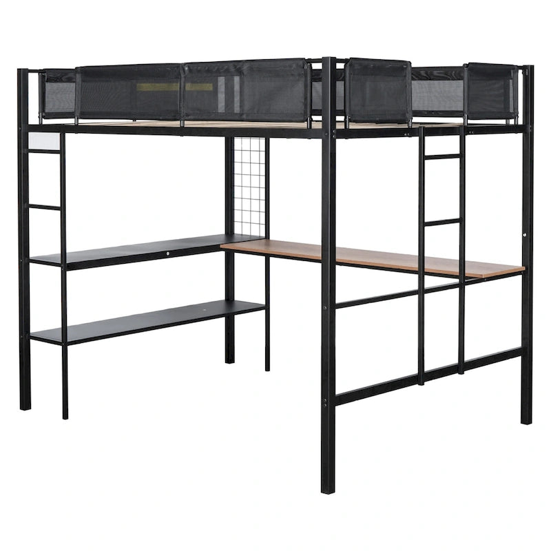 Full Size Metal Loft Bed Desk Shelves Wood Slats Textilene Guardrail Black