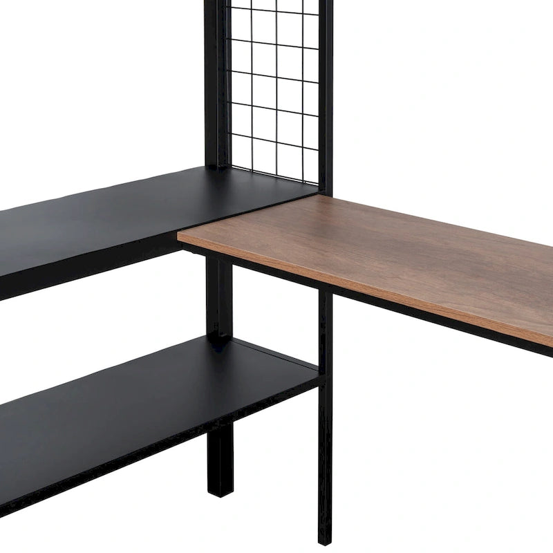 Full Size Metal Loft Bed Desk Shelves Wood Slats Textilene Guardrail Black
