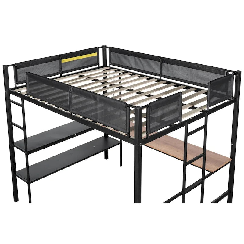 Full Size Metal Loft Bed Desk Shelves Wood Slats Textilene Guardrail Black