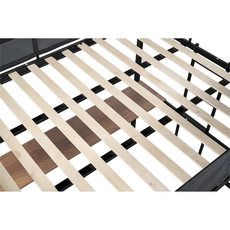 Full Size Metal Loft Bed Desk Shelves Wood Slats Textilene Guardrail Black