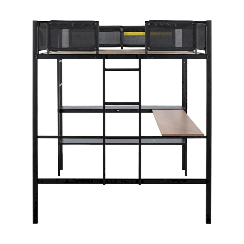 Full Size Metal Loft Bed Desk Shelves Wood Slats Textilene Guardrail Black
