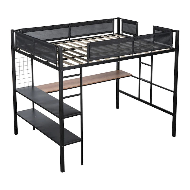 Full Size Metal Loft Bed Desk Shelves Wood Slats Textilene Guardrail Black