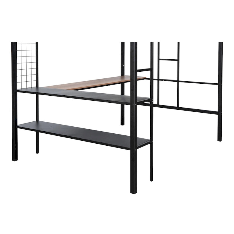 Full Size Metal Loft Bed Desk Shelves Wood Slats Textilene Guardrail Black