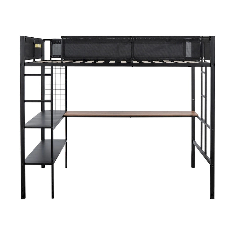 Full Size Metal Loft Bed Desk Shelves Wood Slats Textilene Guardrail Black
